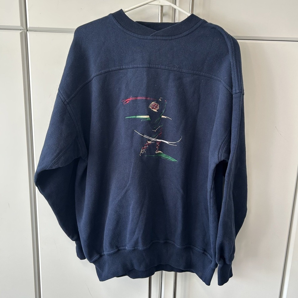 Vintage Crable Sportswear Skier Embroidered Crewneck Sweatshirt Navy Blue Large